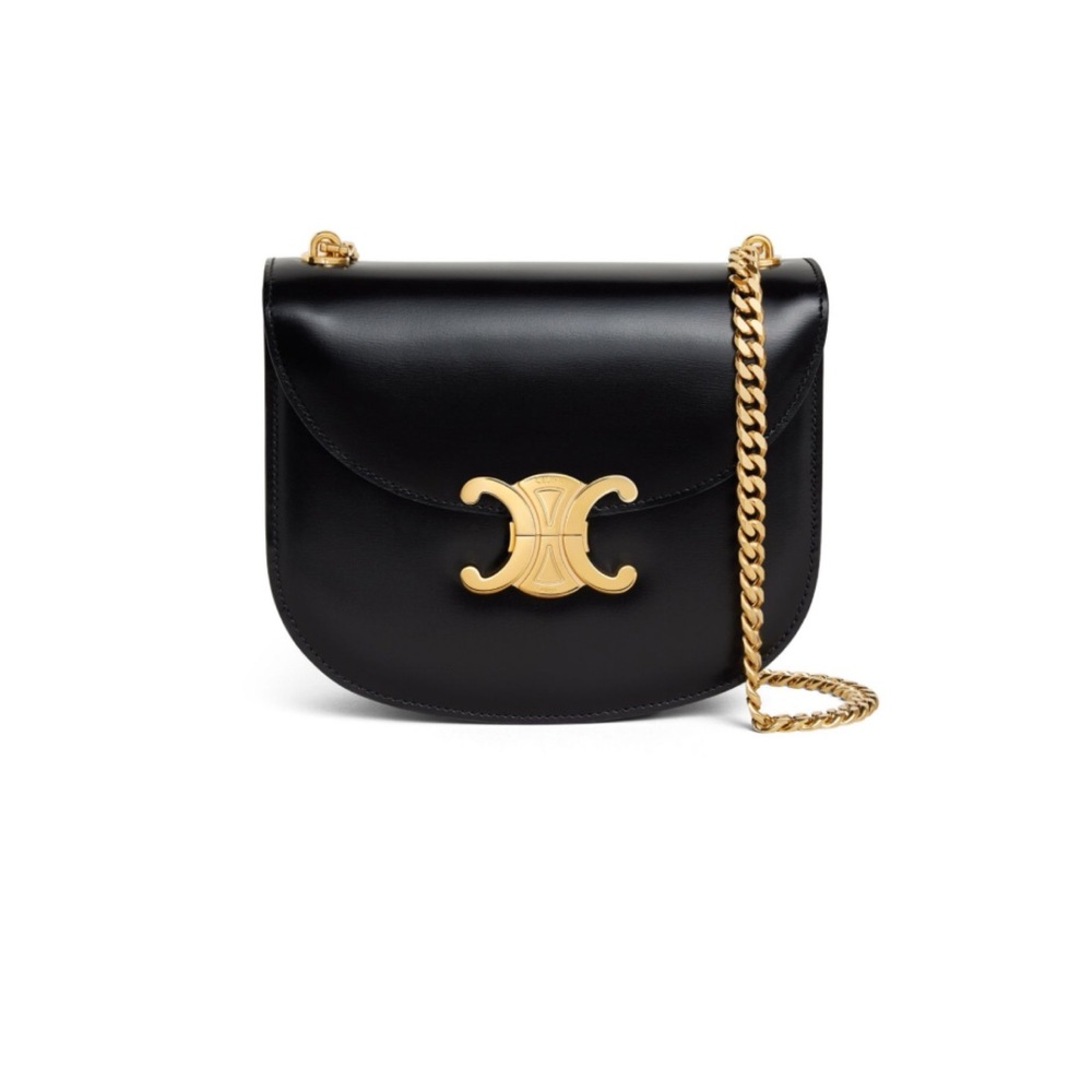 Celine Teen Besace Triomphe Purse Gold Chain Black Shiny Calfskin Leather Bag